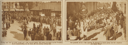 871198 Collage van 2 foto's betreffende de 1 mei-optocht in de stad Utrecht. Links een afbeelding van het Vredenburg ...